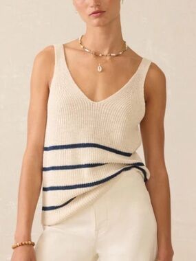 Faherty Cream & Navy Blue Striped Crochet Knit Linen Blend Tank Top Size Medium